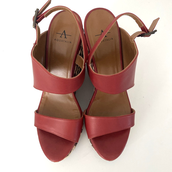 Aquatalia Carmela Sandal Espadrille Wedge Heel Red Leather Buckle Platform 8 - Picture 5 of 10